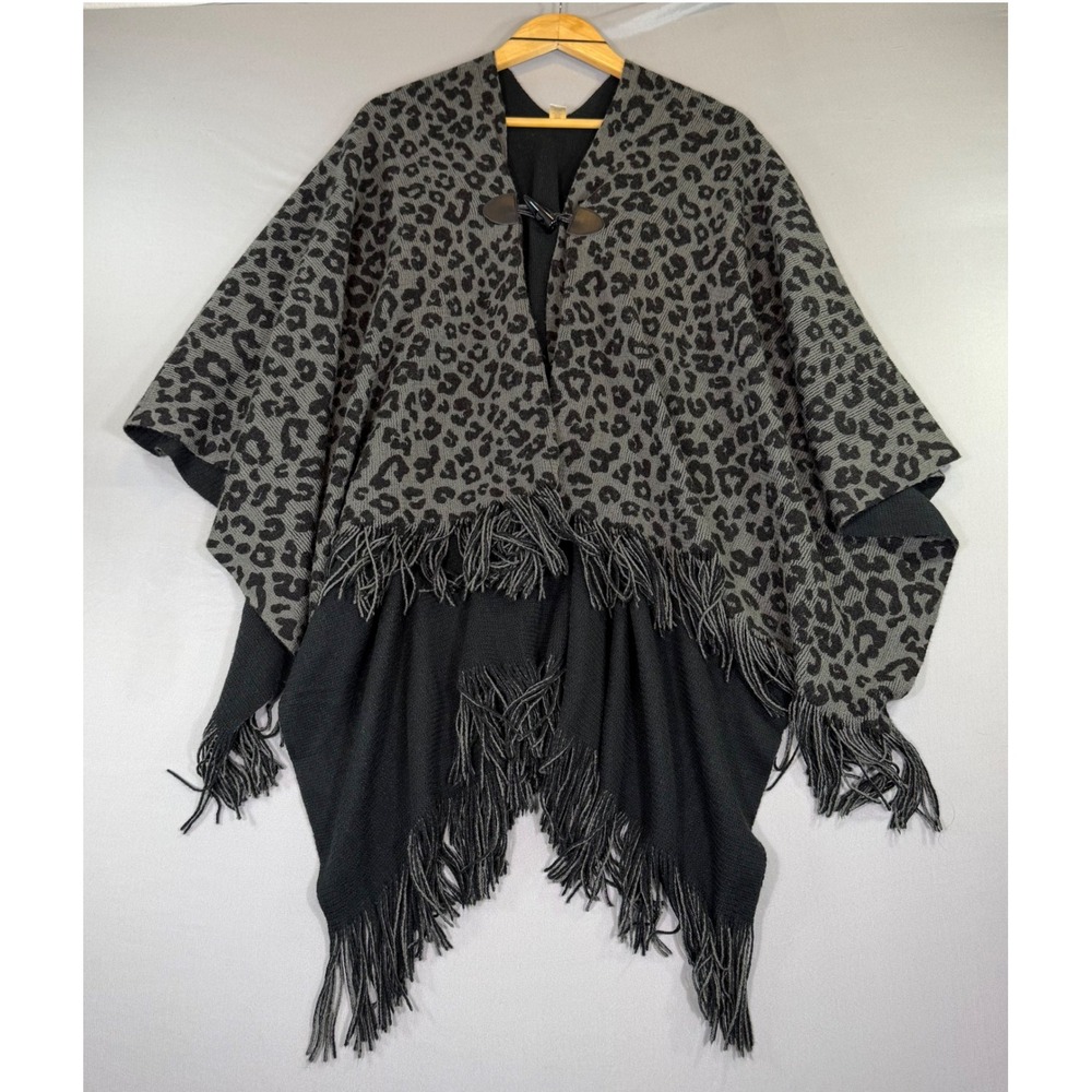 Leopard Print Knit Poncho Cape One Size Fringe Animal Print Boho Western Fall
